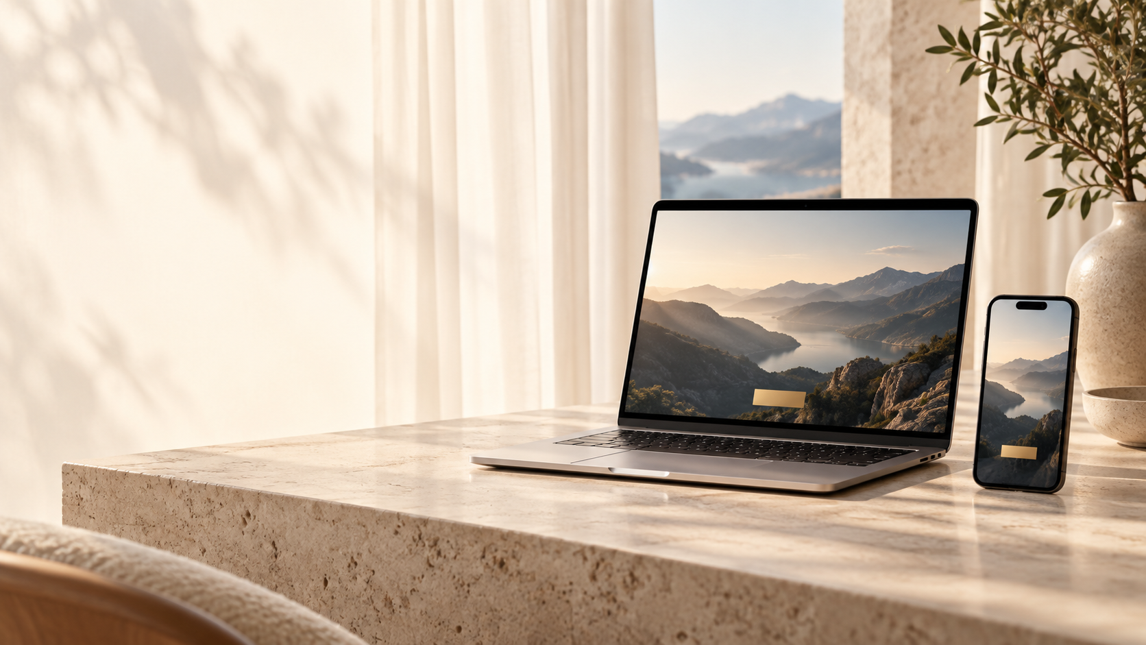 Elegáns laptop és telefon egy világos stúdióban, hegyvidéki weboldallal a képernyőjükön